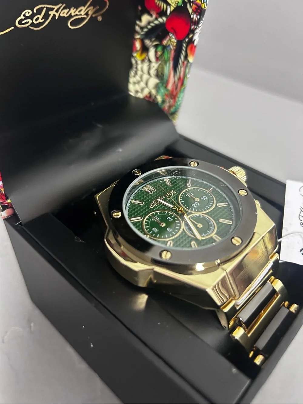 Ed Hardy Gold Men's Chronograph Watch with Green Dial